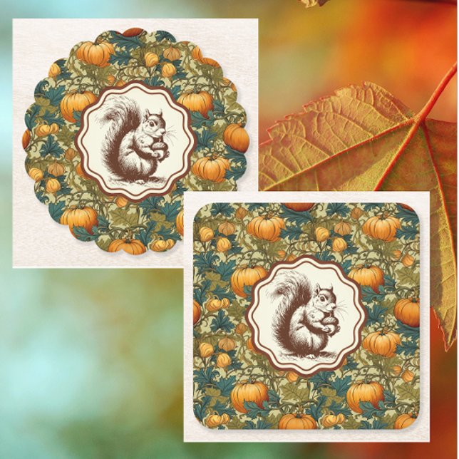 William Morris Autumn Pumpkin med Squirrel Retro Underlägg Papper Kvadrat (Coasters make a nice hostess gift!)