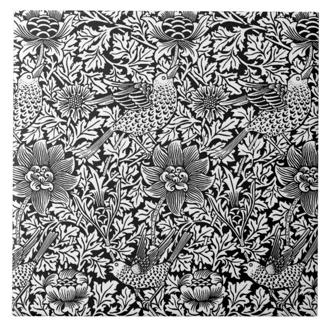 William Morris 'Bird and Anemone' i Black & White Kakelplatta (Framsidan)
