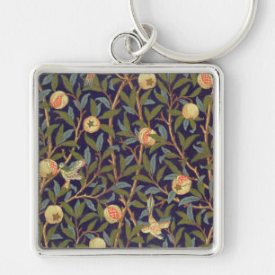 William Morris Bird and Pomegranate Vintage Art. Fyrkantig Silverfärgad Nyckelring