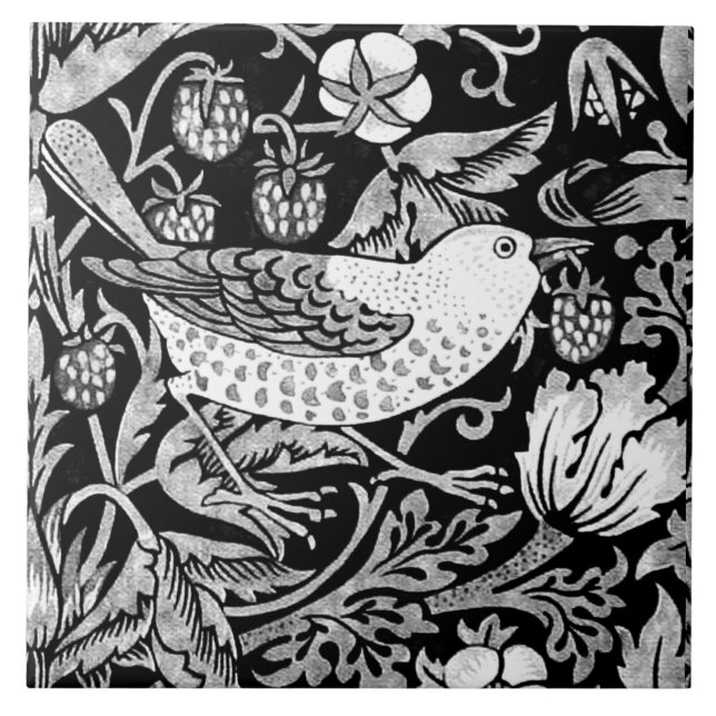 William Morris Bird & Flower Tile, Black and White Kakelplatta (Framsidan)