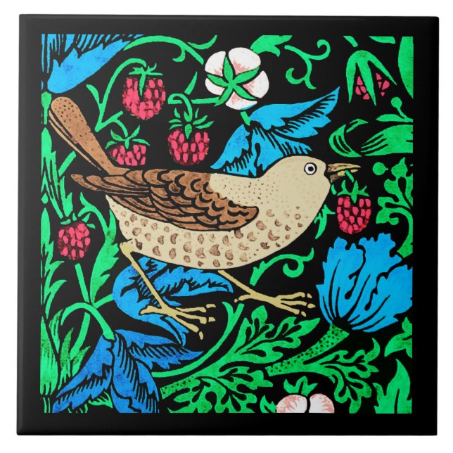 William Morris Bird & Flower Tile, Blue and Black Kakelplatta (Framsidan)