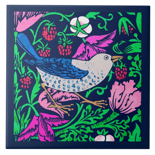 William Morris Bird & Flower Tile, Navy & Fuchsia Kakelplatta (Framsidan)