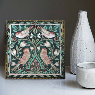 William Morris Birds och Tulips Grönt Art nouveau Kakelplatta