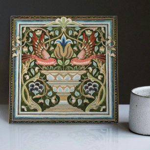 William Morris Birds och Tulips Grönt Art nouveau Kakelplatta
