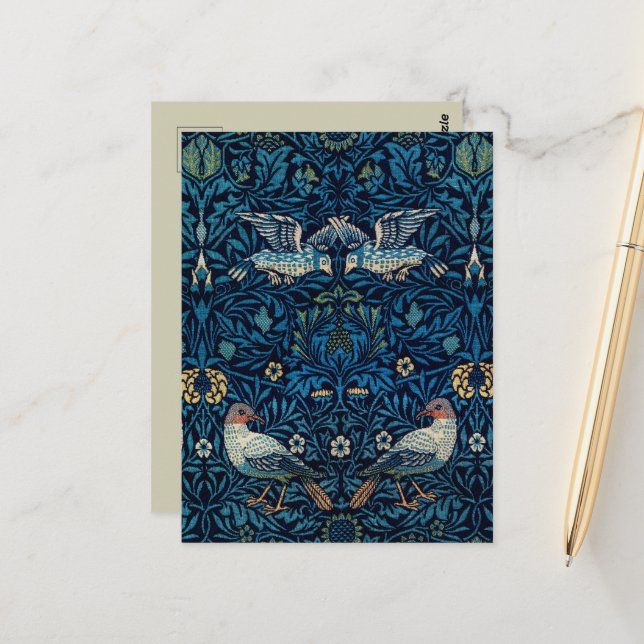 William Morris Blå Fåglar Blommig Gobeläng Klassik Vykort (Fram/Back In Situ)