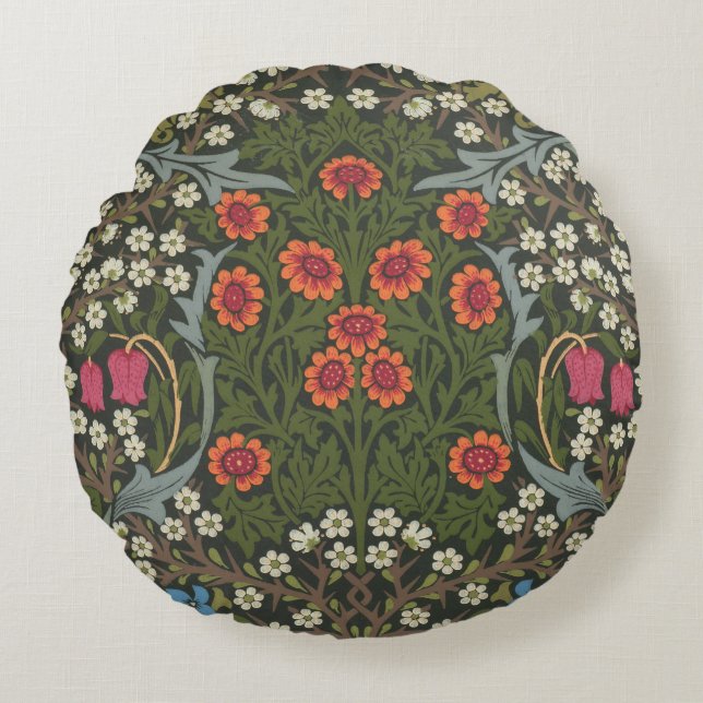 William Morris Blackthorn Trädgårdsblomma Klassike Rund Kudde (Framsidan)