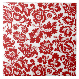 William Morris blom- damast, djupt - rött och vit Kakelplatta