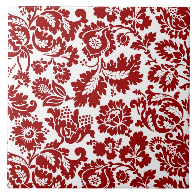 William Morris blom- damast, djupt - rött och vit Kakelplatta (Framsidan)