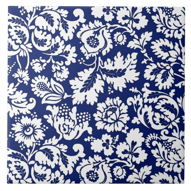 William Morris blom- damast, koboltblått & vit Kakelplatta (Framsidan)