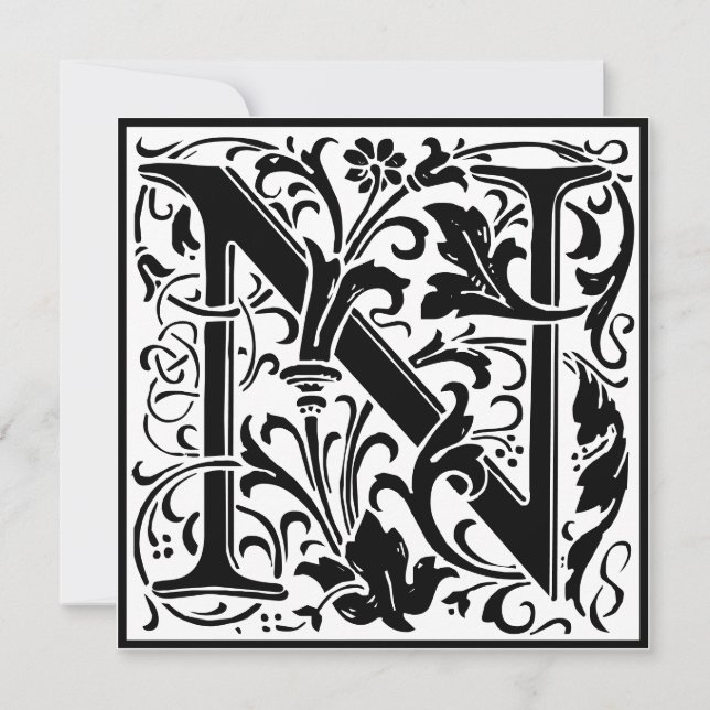 William Morris Blommigt Alphabet Monogram Brev N Inbjudningar (Framsida)
