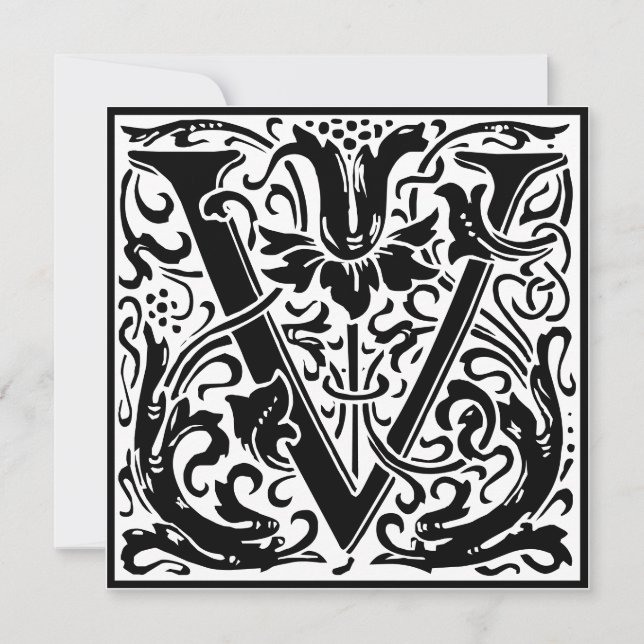 William Morris Blommigt Alphabet Monogram Brev V Inbjudningar (Framsida)