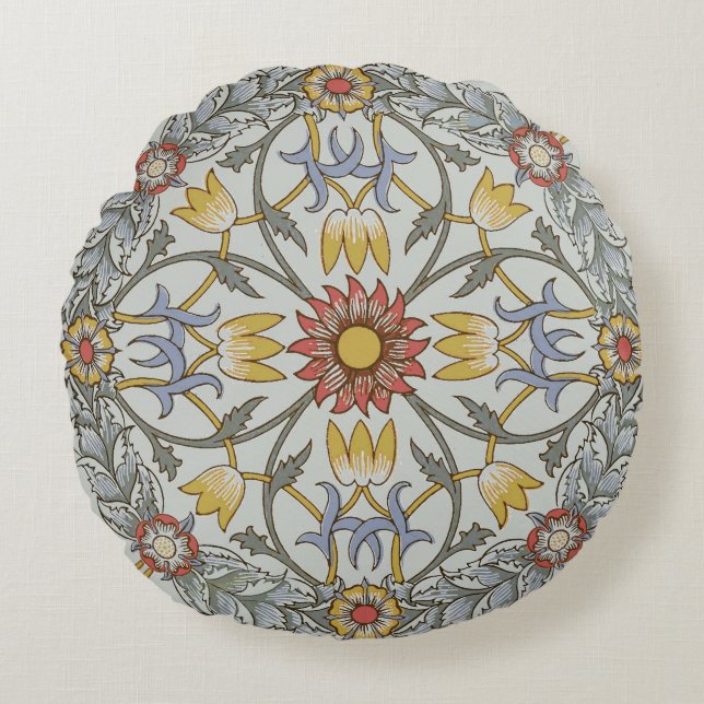 William Morris Blommigt Circle Flower Illustration Rund Kudde (Framsidan)