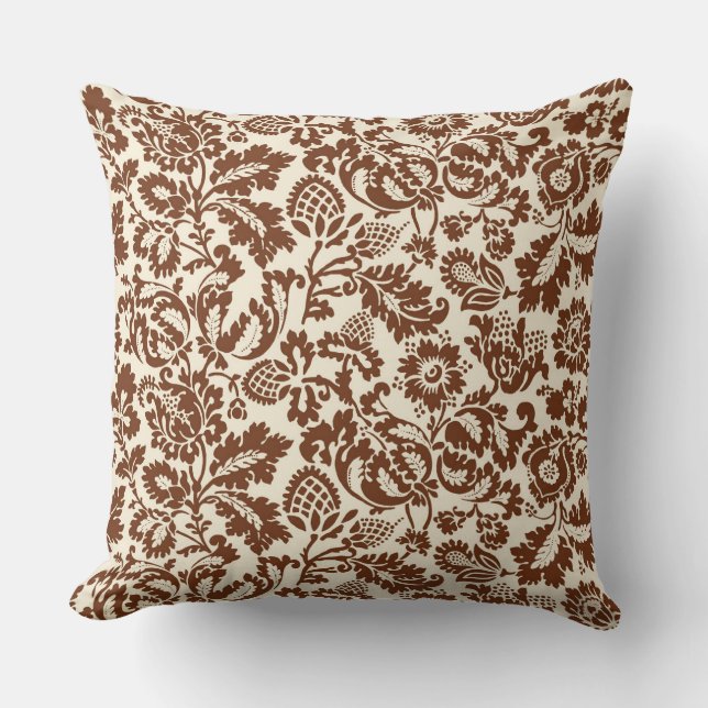 William Morris Blommigt Damask, Beige och Chocolat Kudde (Framsida)