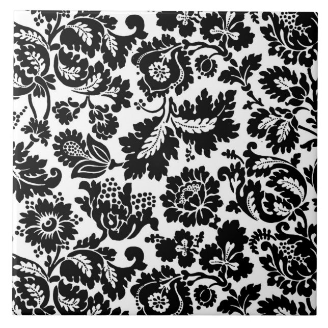 William Morris Blommigt Damask, Black on White Kakelplatta (Framsidan)