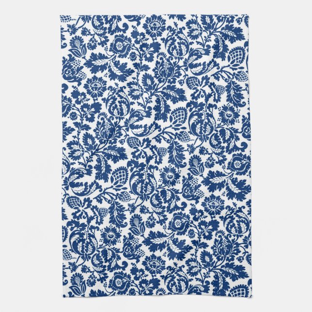 William Morris Blommigt Damask, Cobalt Blue on Whi Kökshandduk (Vertikal)