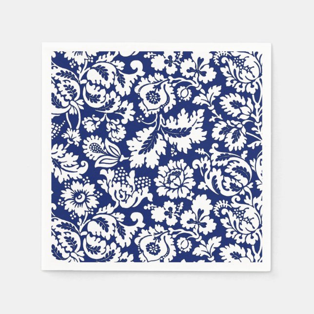 William Morris Blommigt Damask, Cobalt Blue & Whit Pappersservett (Framsidan)
