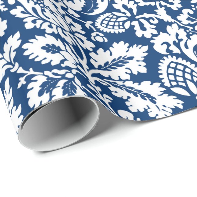 William Morris Blommigt Damask, Cobalt Blue & Whit Presentpapper (Rullad Hörn)
