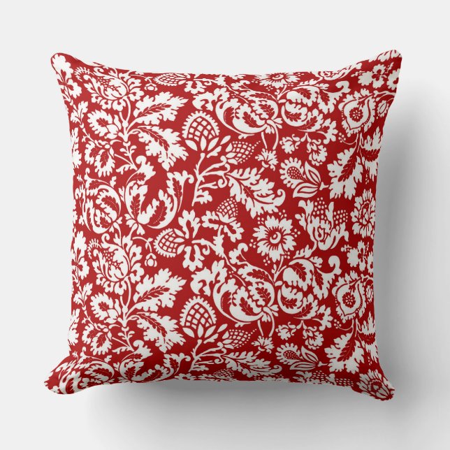 William Morris Blommigt Damask, White and Deep Red Kudde (Framsida)