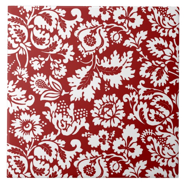 William Morris Blommigt Damask, White on Deep Red Kakelplatta (Framsidan)