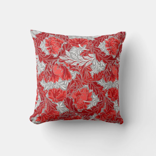 William Morris blommigt, djupt - rött och Kudde (Framsida)