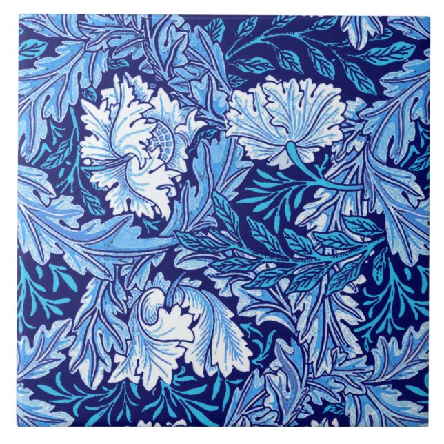 William Morris blommigt, koboltblått och vit Kakelplatta (Framsidan)