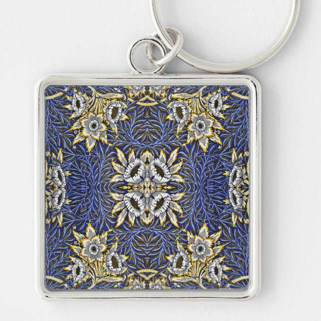 William Morris Blue och Guld Tulip Willow Design Fyrkantig Silverfärgad Nyckelring (Framsidan)
