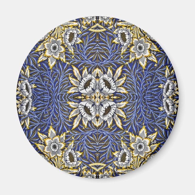 William Morris Blue och Guld Tulip Willow Design Magnet (Framsidan)