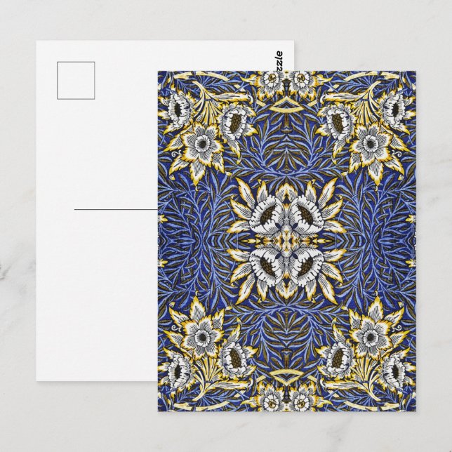 William Morris Blue och Guld Tulip Willow Design Vykort (Fram/baksida)