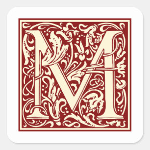 William Morris Brev M Monogram Initial Red Fyrkantigt Klistermärke