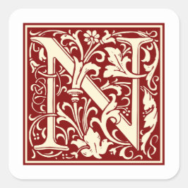 William Morris Brev N Monogram Initial Red Fyrkantigt Klistermärke