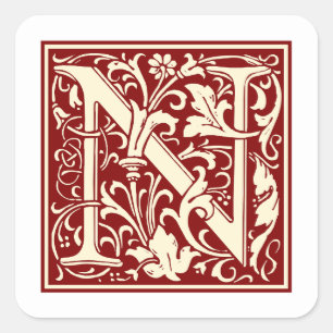 William Morris Brev N Monogram Initial Red Fyrkantigt Klistermärke