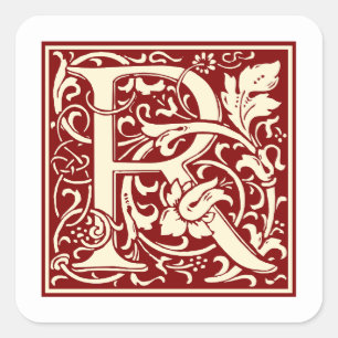 William Morris Brev R Monogram Initial Red Fyrkantigt Klistermärke
