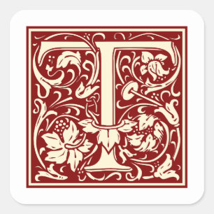 William Morris Brev T Monogram Initial Red Fyrkantigt Klistermärke