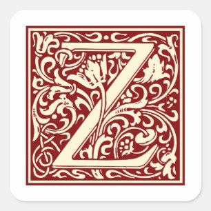 William Morris Brev Z Monogram Initial Red Fyrkantigt Klistermärke