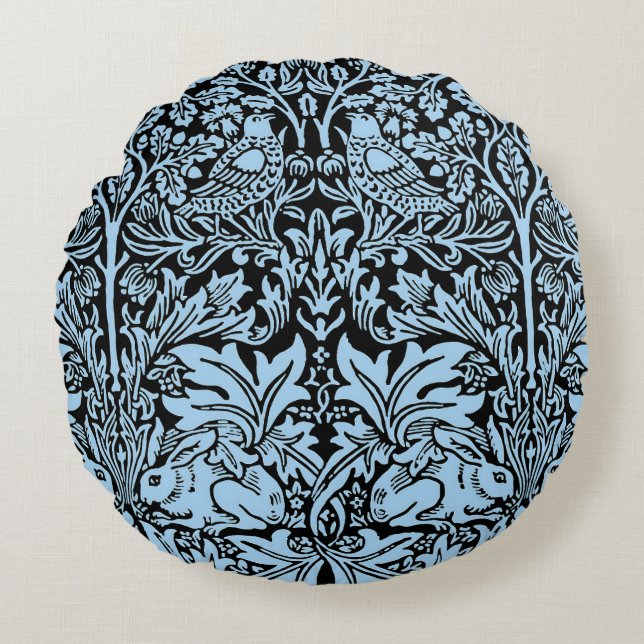 William Morris Brother Rabbit Ljusblå Svart Rund Kudde (Framsidan)
