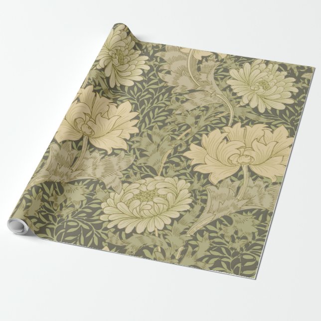 William Morris Chrysanthemum Sage Flower Presentpapper (Utrullad)