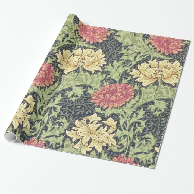 William Morris Chrysanthemum Vintage Blommigt Art Presentpapper (Utrullad)