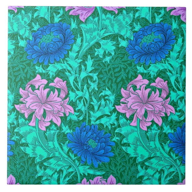 William Morris Chrysanthemums, Aqua and Violet Kakelplatta (Framsidan)