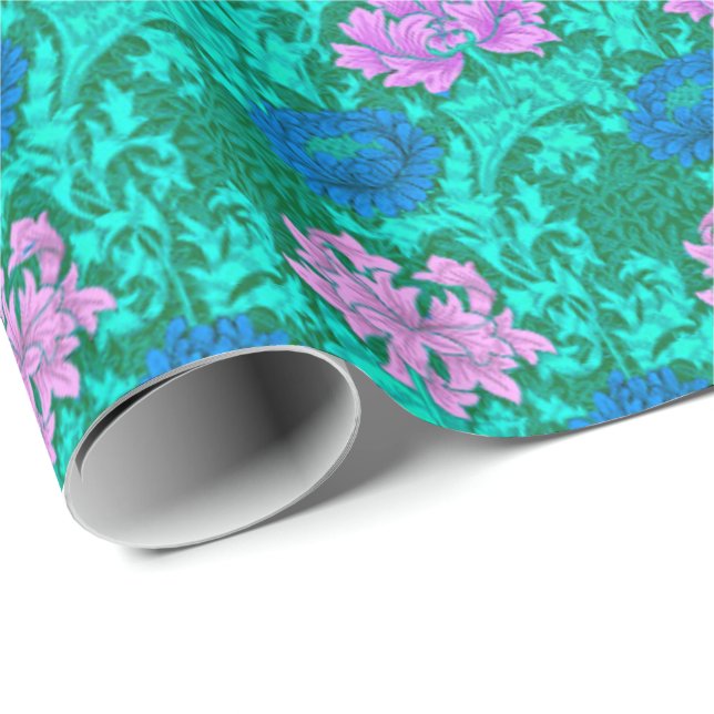 William Morris Chrysanthemums, Aqua and Violet Presentpapper (Rullad Hörn)