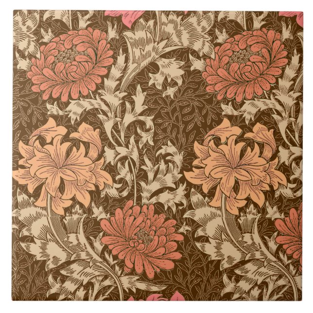 William Morris Chrysanthemums, Brown och Rust Kakelplatta (Framsidan)