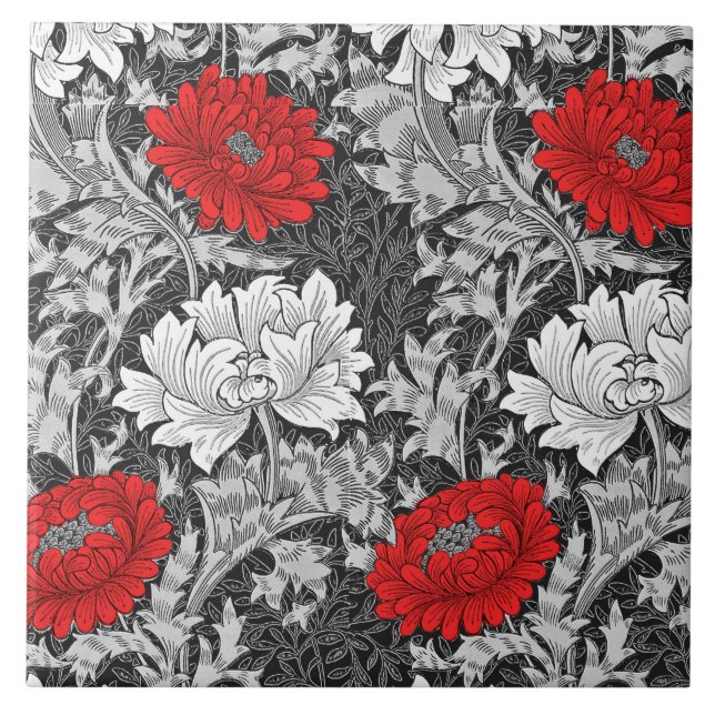 William Morris Chrysanthemums, Grått and Red Kakelplatta (Framsidan)