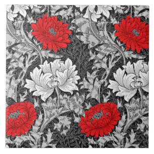 William Morris Chrysanthemums, grått och rött Kakelplatta