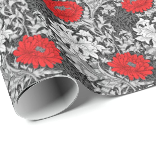 William Morris Chrysanthemums, grått och rött Presentpapper (Rullad Hörn)