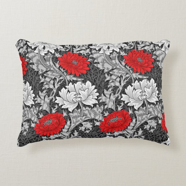 William Morris Chrysanthemums, grått och rött Prydnadskudde (Framsidan)
