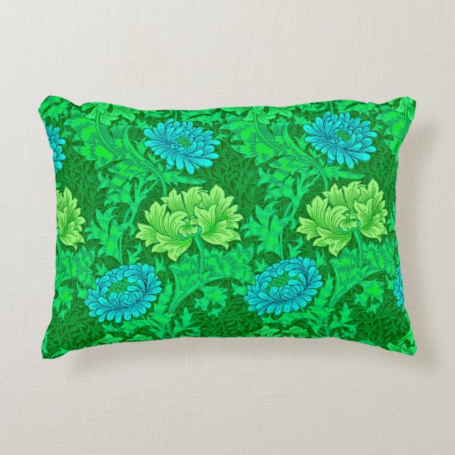 William Morris Chrysanthemums, Lime Green & Aqua Prydnadskudde (Framsidan)