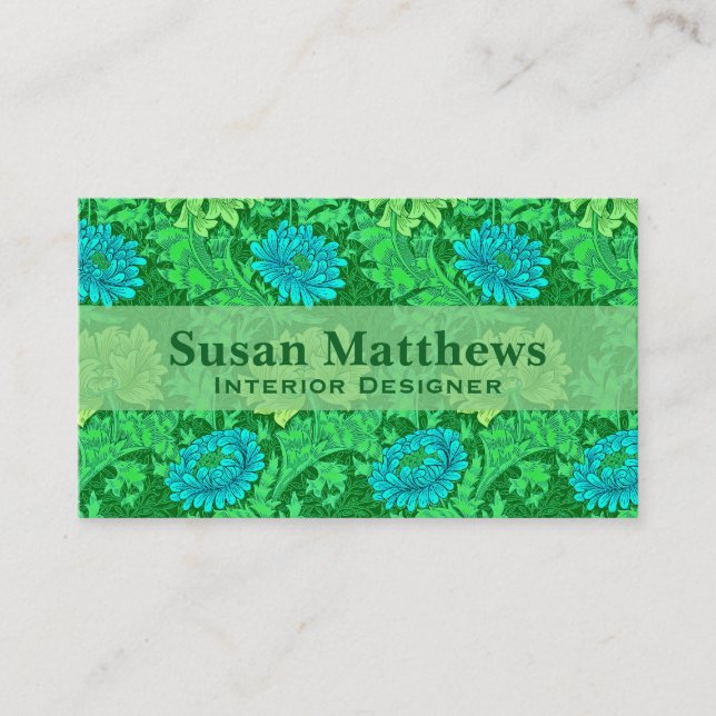 William Morris Chrysanthemums, Lime Green & Aqua Visitkort (Framsida)