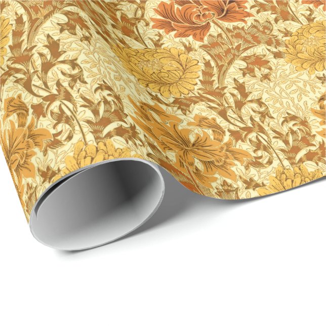 William Morris Chrysanthemums, Mustard Guld Presentpapper (Rullad Hörn)