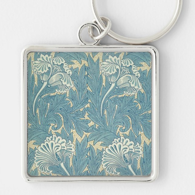 William Morris Classic Tulpan Blå Blommig Fyrkantig Silverfärgad Nyckelring (Framsidan)