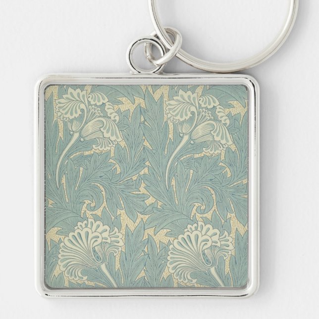 William Morris Classic Tulpan Blå Blommig Fyrkantig Silverfärgad Nyckelring (Framsidan)