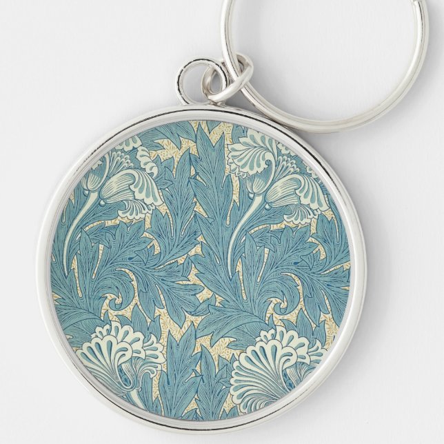 William Morris Classic Tulpan Blå Blommig Rund Silverfärgad Nyckelring (Framsidan)